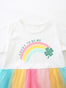 Robe fille à manches courtes avec imprimé arc-en-ciel et jupon en tulle multicolore