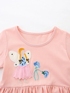 Pink short sleeve girl dress with fairy embroidery and soft tulle 3D appliqué detail
