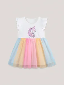 Girl's summer dress featuring unicorn print, flutter sleeves and rainbow tulle skirt