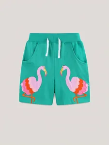Short vert en coton pour enfant avec broderie flamant rose et taille élastique ajustable