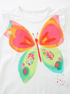 Camiseta blanca de algodón sin mangas para niña con estampado de mariposa y volantes