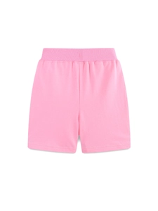 Pink cotton shorts for girls with wide elastic waistband on a clean white background
