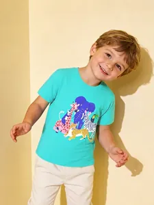 Boys Cotton Short Sleeve T-Shirt With Glow In The Dark Cartoon Animal Print Round Neck Casual Summer Top For Small Kids