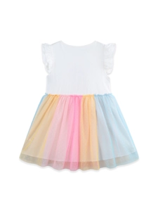 Girl's summer princess dress with flutter sleeves and rainbow unicorn tulle skirt