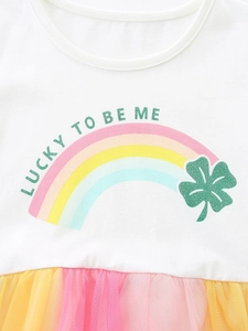 Robe blanche pour fille avec motif arc-en-ciel et jupe en tulle coloré multicouche