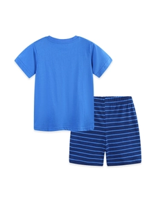 Boys Summer Cotton Clothing Set Cartoon Truck Print Short Sleeve T-Shirt And Striped Shorts Casual Kids Outfit
