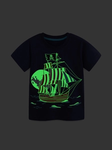 Boys black cotton short sleeve T-shirt with glow-in-the-dark green pirate ship print