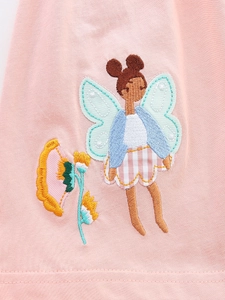 Pink cotton girls dress featuring detailed fairy and floral embroidery on soft fabric