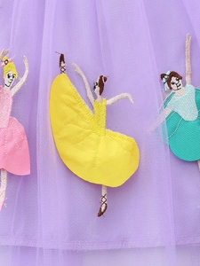 Purple girls' princess dress with colorful embroidered ballerina appliques on tulle fabric