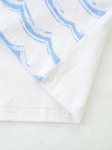 Boys white round neck T-shirt with blue wave print and double-stitched hem details