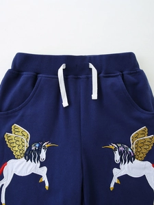 Girls dark blue cotton sports shorts with unicorn embroidery and elastic drawstring waist