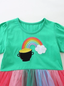 Short-sleeve rainbow dress for girls with green cotton top and multi-color tulle skirt