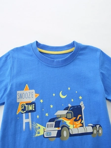 Boys bright blue cotton t-shirt featuring cartoon truck print and yellow crew neck