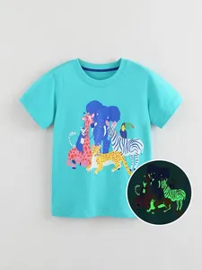 Kids' blue cotton T-shirt featuring glow-in-the-dark animal prints and a crew neck