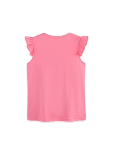 Pink sleeveless cotton t-shirt for girls featuring elegant ruffle shoulder details