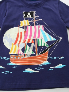 Navy blue cotton T-shirt for kids featuring a colorful luminous pirate ship graphic print