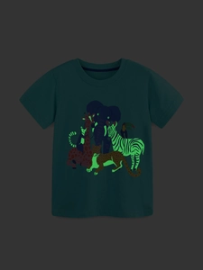 Boy's dark green cotton T-shirt with glow-in-the-dark tropical safari animal prints
