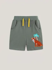 Boys olive green sports shorts with yellow drawstring and tiger embroidery detail