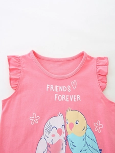 Pink cotton girls' sleeveless tank top with parrot print and ruffled sleeve detail