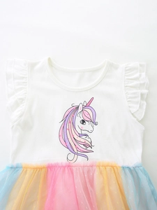 Girls summer unicorn dress with flutter sleeves and colorful rainbow mesh tulle skirt