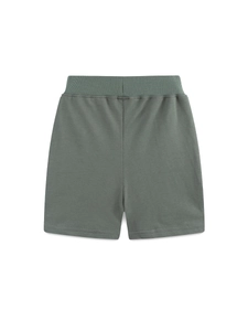 Boys' dark green cotton knit shorts with wide elastic waistband and embroidered tiger detail