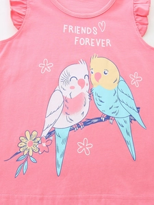 Girls' bright pink sleeveless knit cotton top featuring cartoon parrot print and ruffles