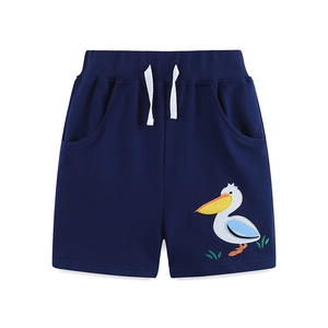 Dark blue boys cotton shorts featuring cartoon animal embroidery and elastic waist