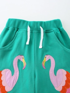 Short de sport fille vert menthe en coton avec taille élastique et broderie flamant