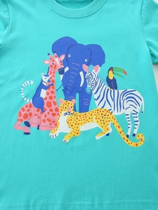 Boys' aqua blue cotton t-shirt with colorful cartoon animal print and luminous design