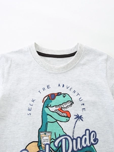 T-shirt gris clair pour enfants à manches courtes avec dinosaure et slogan d'aventure