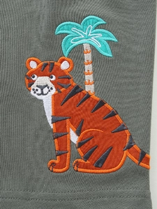 Boys' dark green knit shorts featuring detailed orange tiger and palm tree embroidery