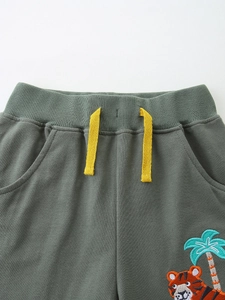 Boy's dark green shorts with tiger embroidery and yellow drawstring for sports