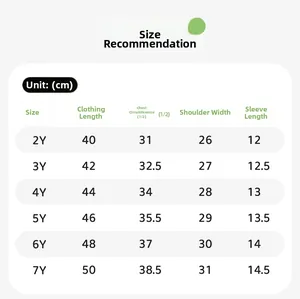 Size chart for girls short sleeve t-shirt with measurements in cm for ages 2 to 7 years