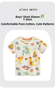 Détail du t-shirt enfant en coton avec imprimés d'animaux colorés et typographie