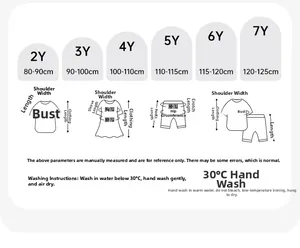 Size chart for girls' shorts including measurements for age 2 to 7 years old with washing tips