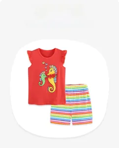 Close-up of girls red seahorse tank top with ruffle sleeves and rainbow striped shorts