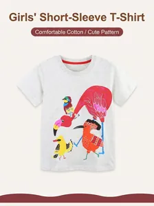 Detail of comfortable cotton girls' grey tee featuring colorful cartoon bird prints