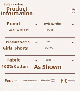 Size chart and fabric details for girls 100% cotton embroidered animal shorts