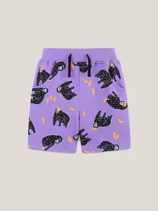 Purple girls sports shorts with cartoon gorilla and banana prints and drawstring