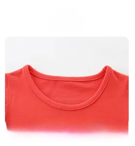 Close-up of the ribbed crew neck design on a red cotton children T-shirt set