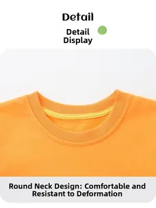 Gros plan détaillé du col rond sur un t-shirt en coton orange avec bande de propreté jaune