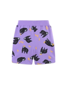 Purple cotton shorts for girls with cartoon chimpanzee and banana print patterns