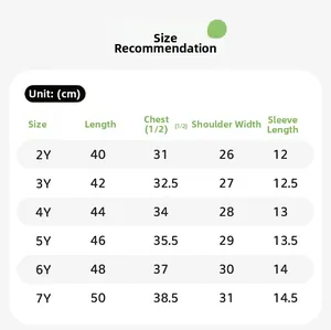 Detailed size chart for boys' cartoon T-shirt showing length and width measurements in cm