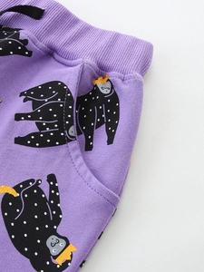 Kids purple sports shorts with cartoon gorilla print and drawstring elastic waistband