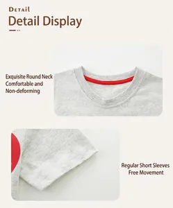Close-up of girls' grey cotton T-shirt showing red contrast neck tape and stitching