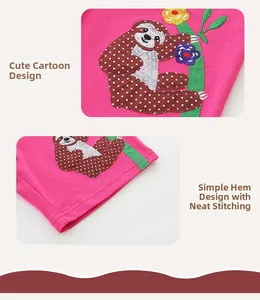 Detailed embroidery of a cartoon sloth with flowers on hot pink cotton knit fabric