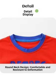 Detail view of round neckline with blue ribbed trim on red cotton short sleeve kids T-shirt