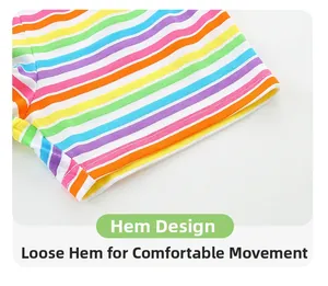 Detail of colorful rainbow striped shorts with loose hem and professional stitching