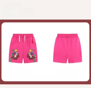 Front and back view of girls' hot pink shorts with cute sloth embroidery and elastic waist