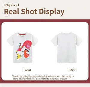Front and back detail of grey cotton t-shirt with colorful cartoon bird illustrations
